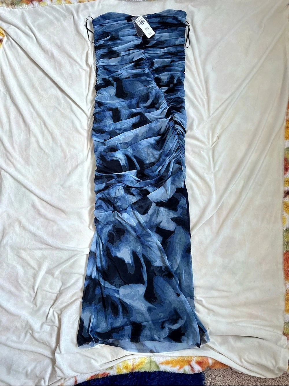 Abercrombie & Fitch Mesh Strapless Ruched Maxi Dress Blue Medium